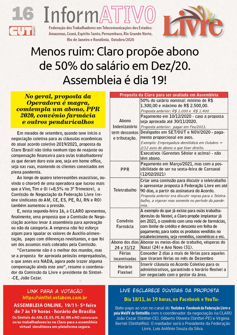 Capa: Jornal Livre 16 - proposta final da Claro 2020