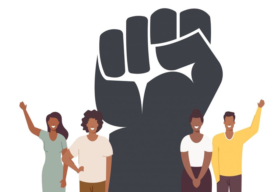 Black Lives Matter, Blm. Tiny Black Characters around of Huge Raised Hand. Equality Campaign Against Discrimination